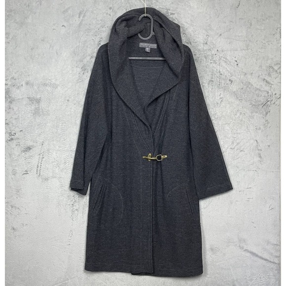 Charcoal Wool Hooded Coat XL Longline Minimalist Lobster Clasp Cozy Workwear - Picture 1 of 8